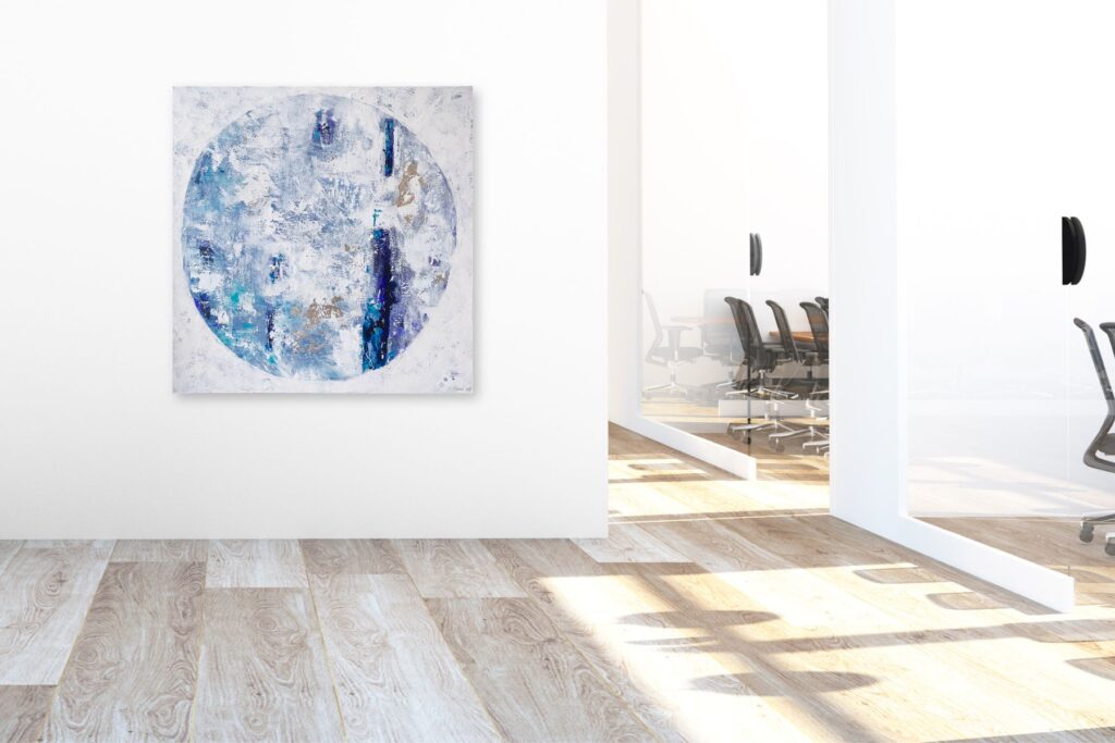 "White Moon" Original Malerei 80x80 cm Beispielansicht im Raum