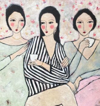 "Coffee Break Secrets" Acryl Collage 90x90 cm Freundinnen Malerei