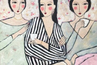 "Coffee Break Secrets" Acryl Collage 90x90 cm Freundinnen Malerei