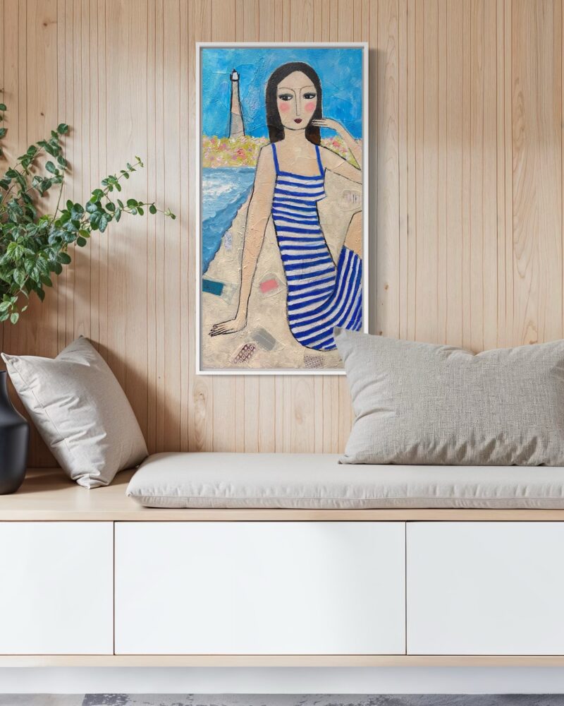 "Meet me by the sea" 80x40 cm Malerei Frau am Strand mit Leuchtturm