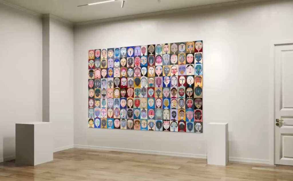 "Faces of Life" 4-Teiler à 100x150 cm Gesichter bunt naive Malerei