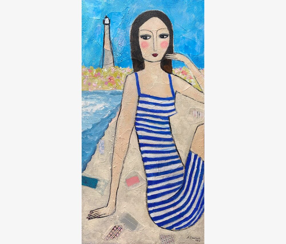 Gemälde Frau am Strand "Meet me by the sea" in 80x40 cm