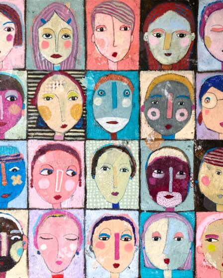 "Moodboard" 90x90 cm Keilrahmen Bild abstrakt modern bunt Gesichter