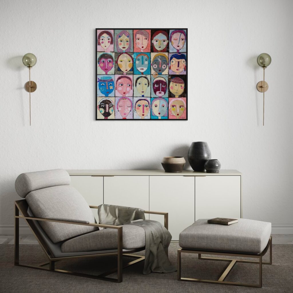 Malerei "Moodboard" im Raum - visuelles Beispiel mit Schattenfugenrahmen