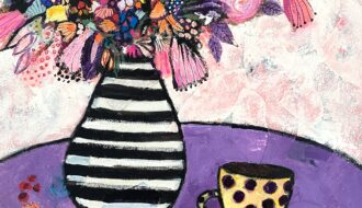 "My cup of tea" 70x50 cm Original Malerei Stillleben Vase mit Blumen und Tasse auf Tisch