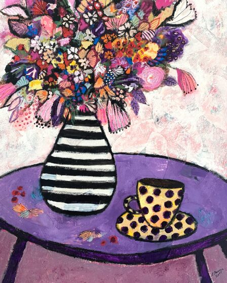 "My cup of tea" 70x50 cm Original Malerei Stillleben Vase mit Blumen und Tasse auf Tisch