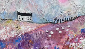 "Looking Back" 30x30cm Malerei Landschaft mit Blumen und Haus
